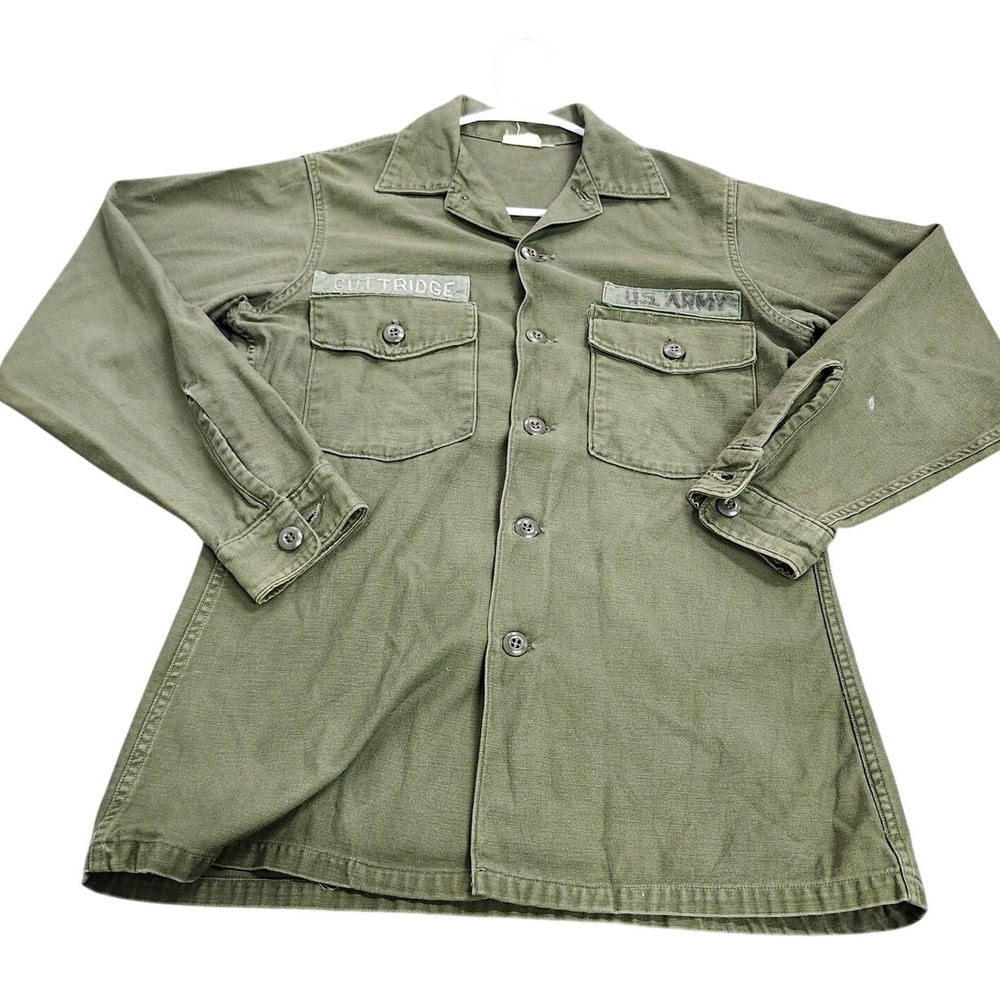Vintage US Army OG-107 Sateen Utility Shirt Guttridge Name Tape Olive Drab